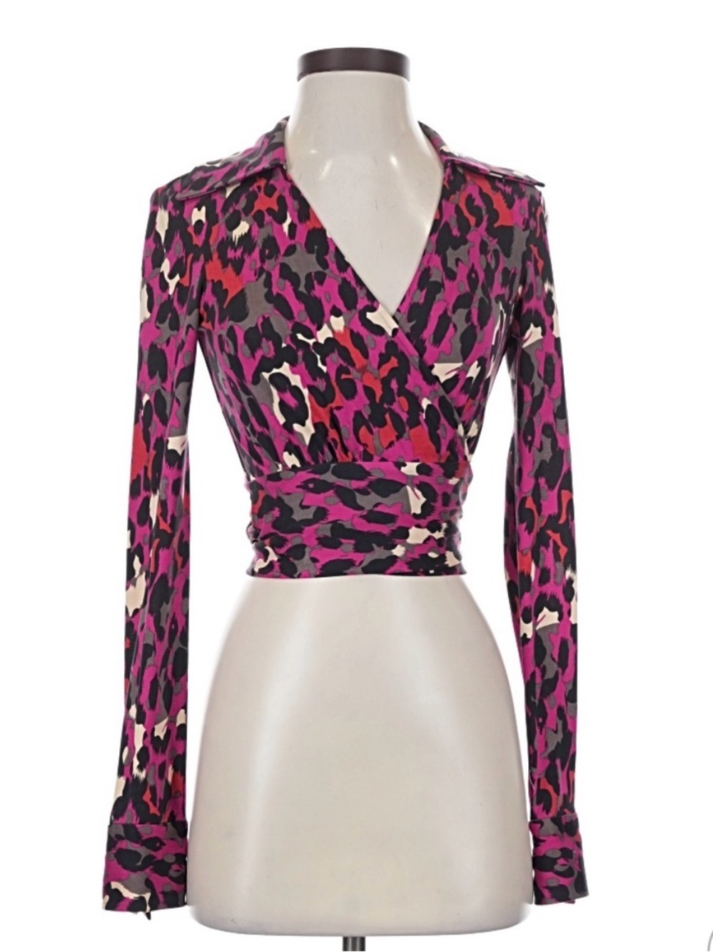 DVF Vintage Pink Animal Print Silk Jersey Wrap Top Sz.2